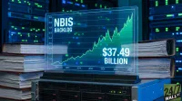 A transparent digital screen displays a line graph titled "NBIS BACKLOG" showing increasing values from 2010 to 2020, reaching approximately 80.0 on the vertical axis. Prominently featured is "$37.49 BILLION" in large white text. The screen sits on a dark server unit in a data center, surrounded by stacks of binders and illuminated server racks in the background with blue and green lights.