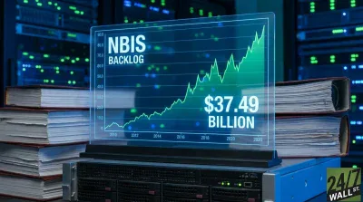A transparent digital screen displays a line graph titled "NBIS BACKLOG" showing increasing values from 2010 to 2020, reaching approximately 80.0 on the vertical axis. Prominently featured is "$37.49 BILLION" in large white text. The screen sits on a dark server unit in a data center, surrounded by stacks of binders and illuminated server racks in the background with blue and green lights.