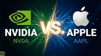 A split graphic depicting a confrontation between Nvidia and Apple. On the left, Nvidia's green eye-like logo is above 'NVIDIA NVDA' text against a green background with circuit board patterns and stock charts. On the right, Apple's silver bitten apple logo is above 'APPLE AAPL' text against a blue background with digital light streaks and stock charts. A prominent gold 'VS.' with yellow lightning bolts centrally divides the two sides.
