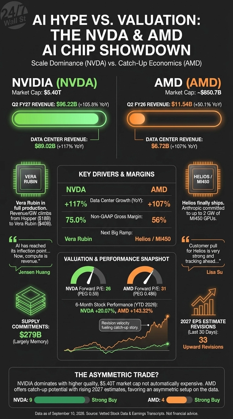 An infographic titled 'AI Hype vs. Valuation: The NVDA & AMD AI Chip Showdown' comparing NVIDIA and AMD. The top left shows NVIDIA's market cap of $5.40T, Q2 FY27 revenue of $96.22B (+105.8% YoY), and data center revenue of $89.02B (+117% YoY), with a green progress bar. The top right shows AMD's market cap of ~$850.7B, Q2 FY26 revenue of $11.54B (+50.1% YoY), and data center revenue of $6.72B (+107% YoY), with an orange progress bar. A 'KEY DRIVERS & MARGINS' section presents a table with Data Center Growth (NVIDIA: +117%, AMD: +107%) and Non-GAAP Gross Margin (NVIDIA: 75.0%, AMD: 56%). It also lists Next Big Ramp (NVIDIA: Vera Rubin, AMD: Helios / MI450). Quotes from Jensen Huang and Lisa Su are included. A 'VALUATION & PERFORMANCE SNAPSHOT' displays NVDA Forward P/E 26 (PEG 0.59) and AMD Forward P/E 31 (PEG 0.486). A line chart shows 6-Month Stock Performance (YTD 2026) with NVDA at +20.07% (green line) and AMD at +143.32% (orange line). Additional data points include NVIDIA's Supply Commitments of $279B (Largely Memory) and AMD's 33 Upward Revisions for 2027 EPS estimates (Last 30 Days). The bottom section, 'THE ASYMMETRIC TRADE?', concludes with ratings: NVDA 9 Strong Buy and AMD 4 Strong Buy. The infographic uses a dark background with green for NVIDIA and orange for AMD.