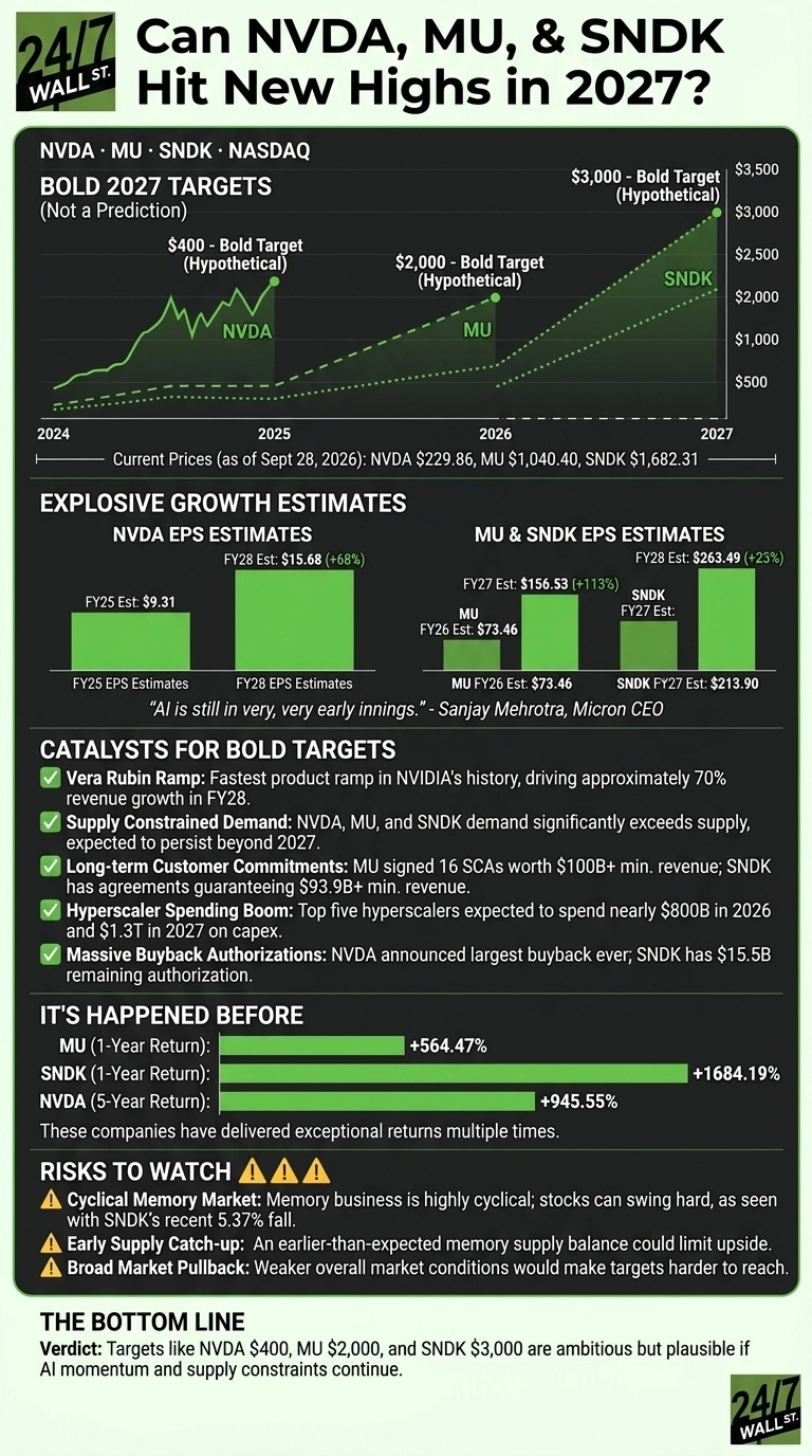 An infographic titled 'Can NVDA, MU, & SNDK Hit New Highs in 2027?' presents a dark green background with white and light green text. A line graph shows hypothetical stock price targets for NVIDIA, Micron, and SanDisk from 2024 to 2027, with NVDA reaching $400, MU reaching $2,000, and SNDK reaching $3,000. Current prices as of September 28, 2026, are listed as NVDA $229.86, MU $1,040.40, and SNDK $1,682.31. Below this, bar charts display explosive EPS growth estimates for NVDA (FY25 Est $9.31, FY28 Est $15.68), MU (FY26 Est $73.46, FY27 Est $156.53), and SNDK (FY27 Est $213.90, FY28 Est $263.49). A quote from Sanjay Mehrotra of Micron CEO reads 'AI is still in very, very early innings.' A section on 'CATALYSTS FOR BOLD TARGETS' lists five points, including the Vera Rubin ramp, supply constrained demand, long-term customer commitments, hyperscaler spending boom, and massive buyback authorizations. Another section, 'IT'S HAPPENED BEFORE,' shows past returns: MU +564.47% (1-Year Return), SNDK +1684.19% (1-Year Return), and NVDA +945.55% (5-Year Return). Finally, 'RISKS TO WATCH' outlines three risks: cyclical memory market, early supply catch-up, and broad market pullback, followed by a 'THE BOTTOM LINE' verdict.