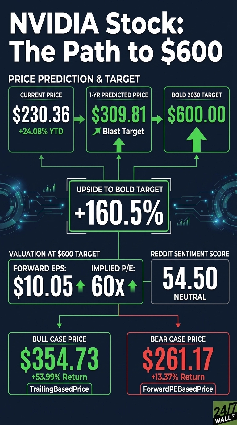 An infographic titled 'NVIDIA Stock: The Path to $600' on a dark blue background with circuit board graphics. It features sections for price prediction and targets: Current Price $230.36 (+24.08% YTD), 1-YR Predicted Price $309.81 (Blast Target), and a Bold 2030 Target of $600.00. An 'Upside to Bold Target' box displays +160.5%. The 'Valuation at $600 Target' section shows Forward EPS: $10.05 and Implied P/E: 60X. A 'Reddit Sentiment Score' is 54.50, labeled NEUTRAL. At the bottom, a green box shows a Bull Case Price of $354.73 (+53.99% Return, TrailingBasedPrice) and a red box shows a Bear Case Price of $261.17 (+13.37% Return, ForwardPEBasedPrice).
