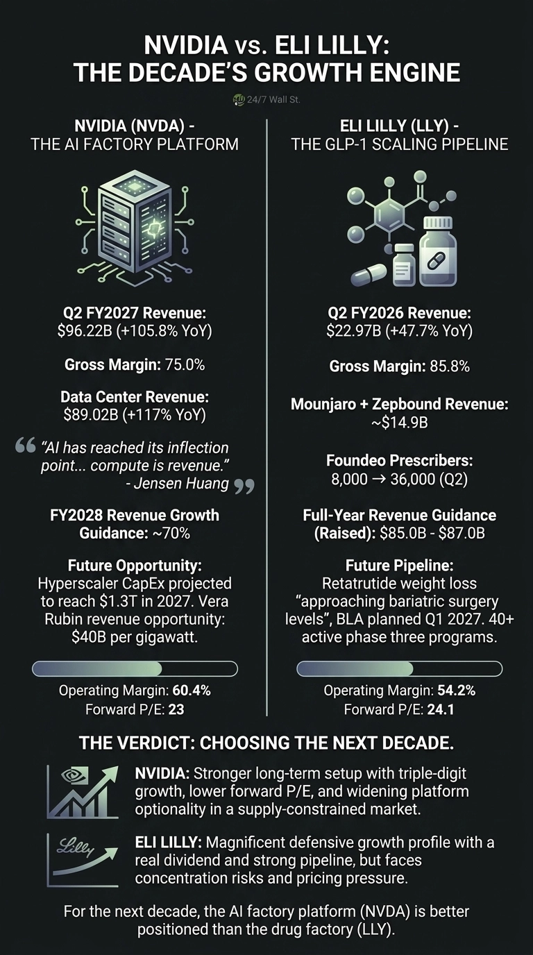 An infographic visually comparing NVIDIA and Eli Lilly as potential growth engines for the decade. The dark background content is divided into two columns. The left column for NVIDIA (NVDA) displays an illustration of a server rack, with data including Q2 FY2027 Revenue of $96.22B, a 75.0% Gross Margin, 60.4% Operating Margin, and a Forward P/E of 23. It also features a quote from Jensen Huang and details on FY2028 revenue growth guidance and future hyperscaler and Vera Rubin opportunities. The right column for Eli Lilly (LLY) shows illustrations of a molecule, pills, and medicine bottles, with data including Q2 FY2026 Revenue of $22.97B, an 85.8% Gross Margin, 54.2% Operating Margin, and a Forward P/E of 24.1. This column also details Mounjaro + Zepbound revenue, Foundeo Prescribers, full-year revenue guidance, and future pipeline initiatives like Retatrutide. A concluding section below compares the two companies, stating that NVIDIA is better positioned for the next decade.
