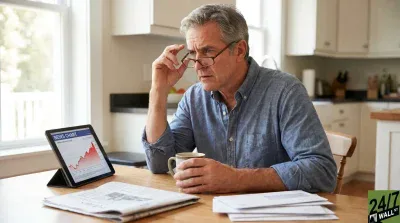 A gray-haired man in a blue button-down shirt and glasses sits at a wooden table, holding a coffee mug and looking intensely at a tablet screen. The tablet displays a 'NEWS CHART' with a red line graph showing a significant decline. A newspaper and a stack of white envelopes are also on the table. A bright kitchen and a window are visible in the background.