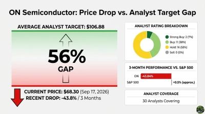A financial infographic titled 'ON Semiconductor: Price Drop vs. Analyst Target Gap'. The main section shows 'AVERAGE ANALYST TARGET: $106.88' above a green gradient and 'CURRENT PRICE: $68.30 (Sep 17, 2026)' below a red gradient, with a large '56% GAP' and an upward arrow indicating potential growth. Below the current price, 'RECENT DROP: -43.8% / 3 Months' is displayed with a red downward arrow. On the right, 'ANALYST RATING BREAKDOWN' features a donut chart showing Strong Buy (7%), Buy (38%), Hold (55%), and Sell (0%). Below this, '3-MONTH PERFORMANCE VS. S&P 500' shows ON at -43.84% (red bar) and S&P 500 at +0.5% (approx.) (grey bar). The bottom right states 'ANALYST COVERAGE: 30 Analysts Covering'.