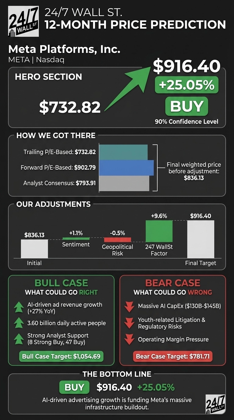 An infographic titled '24/7 Wall St. 12-Month Price Prediction' for Meta Platforms, Inc. (META | Nasdaq) displayed on a dark gray background. The 'Hero Section' highlights a current price of $732.82 and a target price of $916.40, showing a +25.05% increase with a green upward arrow, a 'BUY' recommendation, and a 90% Confidence Level. The 'How We Got There' section includes a horizontal bar chart illustrating Trailing P/E-Based: $732.82, Forward P/E-Based: $902.79, and Analyst Consensus: $793.91, leading to a Final weighted price before adjustment of $836.13. The 'Our Adjustments' section presents a vertical bar chart starting from an Initial $836.13, with adjustments for Sentiment (+1.1%), Geopolitical Risk (-0.5%), and 24/7 Wall St. Factor (+9.6%), culminating in a Final Target of $916.40. A green-bordered 'Bull Case' section lists positive factors for growth and a target of $1,054.69. A red-bordered 'Bear Case' section lists potential negative factors and a target of $781.71. The 'The Bottom Line' section reiterates 'BUY' $916.40 +25.05% with a textual summary about AI-driven advertising funding Meta's infrastructure buildout.
