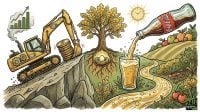 A split illustration showing a construction excavator climbing a rocky hill with coins alongside a soda bottle pouring into a lush, fertile orchard landscape.