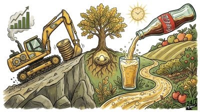 A split illustration showing a construction excavator climbing a rocky hill with coins alongside a soda bottle pouring into a lush, fertile orchard landscape.