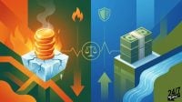 A split illustration comparing a stack of gold coins on melting, cracked ice amidst fire against a stack of cash on a stable block near a river.
