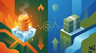 A split illustration comparing a stack of gold coins on melting, cracked ice amidst fire against a stack of cash on a stable block near a river.