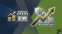 A financial comparison graphic showing icons of retail stores, office buildings, and currency with large arrows pointing upward against a split-tone background.