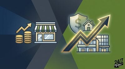 A financial comparison graphic showing icons of retail stores, office buildings, and currency with large arrows pointing upward against a split-tone background.