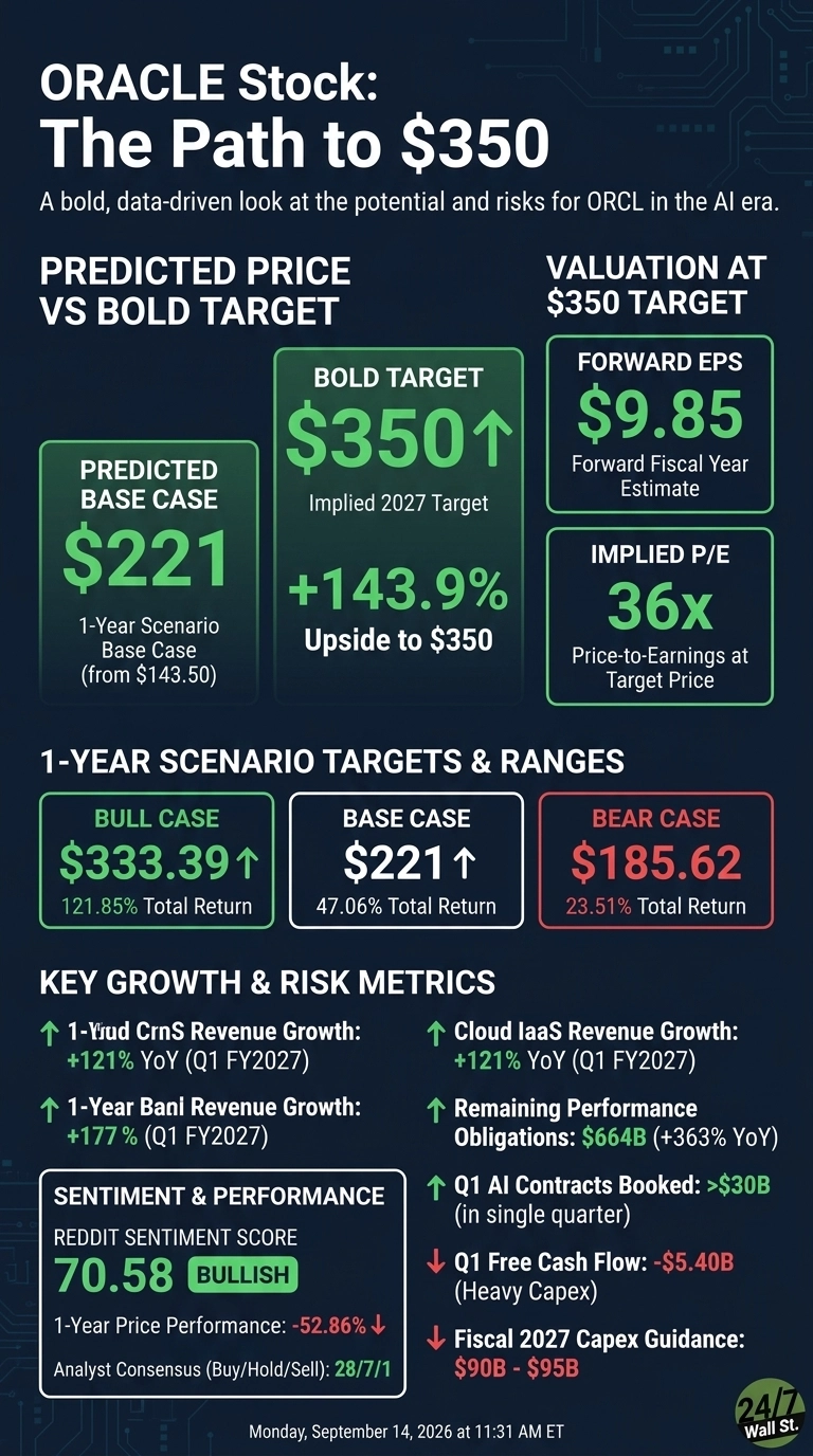 An infographic titled 'ORACLE Stock: The Path to $350' on a dark blue background with circuit board graphics. It presents predicted price targets and valuation metrics for Oracle stock. Key sections include 'PREDICTED PRICE VS BOLD TARGET' showing a bold target of $350 (Implied 2027 Target) with +143.9% upside, and a predicted base case of $221 (1-Year Scenario from $143.50). 'VALUATION AT $350 TARGET' displays a Forward EPS of $9.85 and an Implied P/E of 36x. '1-YEAR SCENARIO TARGETS & RANGES' details a Bull Case of $333.39 (121.85% Total Return), a Base Case of $221 (47.06% Total Return), and a Bear Case of $185.62 (23.51% Total Return). 'KEY GROWTH & RISK METRICS' lists positive growth for 1-Year CrnS Revenue (+121% YoY Q1 FY2027), 1-Year Bani Revenue (+177% Q1 FY2027), and Cloud IaaS Revenue (+121% YoY Q1 FY2027). It also notes Remaining Performance Obligations of $664B (+363% YoY) and Q1 AI Contracts Booked >$30B. Risk metrics include Q1 Free Cash Flow of -$5.40B (Heavy Capex) and Fiscal 2027 Capex Guidance of $90B - $95B. The 'SENTIMENT & PERFORMANCE' section shows a Reddit Sentiment Score of 70.58 (BULLISH), 1-Year Price Performance of -52.86%, and an Analyst Consensus (Buy/Hold/Sell) of 28/7/1. The infographic is dated Monday, September 14, 2026 at 11:31 AM ET and includes a '24/7 Wall St.' logo.