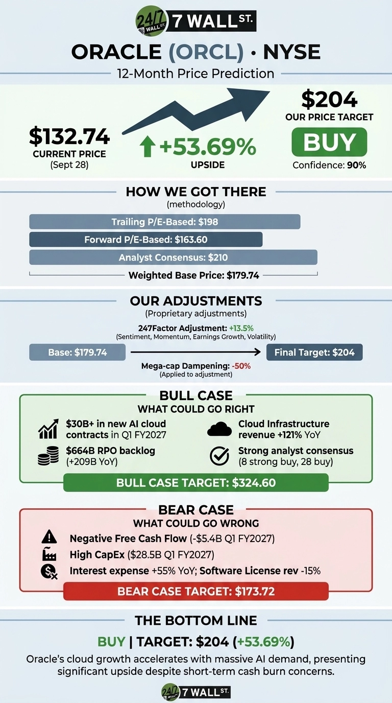 An infographic titled 'Oracle (ORCL) • NYSE 12-Month Price Prediction'. The current stock price is $132.74 (Sept 28) with a projected upside of +53.69% leading to a price target of $204, recommended as a 'BUY' with 90% confidence. A section 'HOW WE GOT THERE (methodology)' shows a weighted base price of $179.74 derived from trailing P/E-based $198, forward P/E-based $163.60, and analyst consensus $210. 'OUR ADJUSTMENTS' details a base price of $179.74, a 247Factor adjustment of +13.5% (Sentiment, Momentum, Earnings Growth, Volatility), and a Mega-cap Dampening of -50% (Applied to adjustment), resulting in a Final Target of $204. A 'BULL CASE (WHAT COULD GO RIGHT)' section lists positive factors: $30B+ in new AI cloud contracts in Q1 FY2027, $664B RPO backlog (+209B YoY), Cloud Infrastructure revenue +121% YoY, and strong analyst consensus (8 strong buy, 28 buy), with a Bull Case Target of $324.60. A 'BEAR CASE (WHAT COULD GO WRONG)' section lists negative factors: Negative Free Cash Flow (-$5.4B Q1 FY2027), High CapEx ($28.5B Q1 FY2027), Interest expense +55% YoY, and Software License revenue -15%, with a Bear Case Target of $173.72. The bottom line summarizes 'BUY | TARGET: $204 (+53.69%)' and states Oracle's cloud growth accelerates with massive AI demand, presenting significant upside despite short-term cash burn concerns.