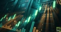 The visual vibration of teal and amber financial charts overlaid on hardware creates immediate tension. The Dutch angle adds a sense of market volatility and the 'high stakes' of an upcoming earnings report.