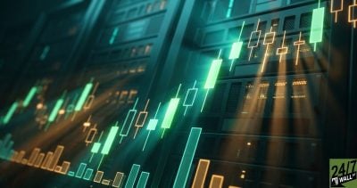 The visual vibration of teal and amber financial charts overlaid on hardware creates immediate tension. The Dutch angle adds a sense of market volatility and the 'high stakes' of an upcoming earnings report.