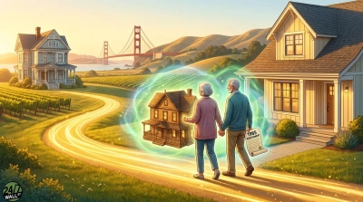 An elderly couple, holding hands and walking on a glowing golden path, with the man carrying a scroll labeled '1985 ASSESSMENT'. Between them, a glowing, older style house floats. In the background, a scenic California landscape features vineyards, two different residential houses, and the iconic Golden Gate Bridge under a bright, warm sky.