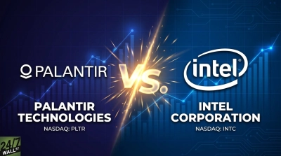 An infographic featuring Palantir Technologies (NASDAQ: PLTR) on the left and Intel Corporation (NASDAQ: INTC) on the right, separated by a glowing 'VS.' icon. The background is a dark blue with lighter blue financial bar charts and upward-trending lines. The Palantir logo and name are white, and the Intel logo is white with blue text. The '24/7 WALL ST' logo is in the bottom left corner.