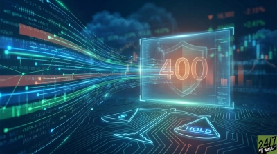 A futuristic digital graphic with a dark blue background. Glowing blue and green data lines stream across the left, leading to a central holographic display that shows a blue outline of a shield containing a glowing orange '400'. Below the display, a glowing blue outline of scales of justice rests on a circuit board pattern; one pan holds a dollar sign symbol, and the other a triangular shape with the word 'HOLD' in blue text. In the background, blurry financial candlestick charts and data columns are visible, suggesting a market analysis theme. A '24/7 WALL ST' logo is in the bottom right corner.