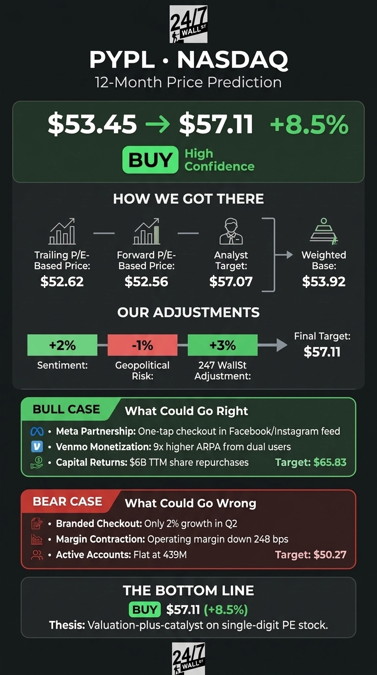 An infographic titled 'PYPL • NASDAQ 12-Month Price Prediction' on a dark gray background. It shows a current price of $53.45 moving to a target of $57.11, indicating an +8.5% increase, with a 'BUY' recommendation and 'High Confidence'. The 'How We Got There' section displays initial price components: Trailing P/E-Based Price $52.62, Forward P/E-Based Price $52.56, and Analyst Target $57.07, leading to a Weighted Base of $53.92. 'Our Adjustments' show Sentiment +2% (green), Geopolitical Risk -1% (red), and 247 WallSt Adjustment +3% (green), culminating in a Final Target of $57.11. The 'BULL CASE' section, with a green header, lists 'What Could Go Right' scenarios: Meta Partnership, Venmo Monetization, and Capital Returns, with a target of $65.83. The 'BEAR CASE' section, with a red header, lists 'What Could Go Wrong' scenarios: Branded Checkout growth, Margin Contraction, and Active Accounts status, with a target of $50.27. The 'THE BOTTOM LINE' section reiterates 'BUY $57.11 (+8.5%)' and states the thesis: 'Valuation-plus-catalyst on single-digit PE stock.'