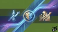A digital graphic comparing a beverage bottle icon and a building icon, both with rising stock charts, separated by a central shield emblem.