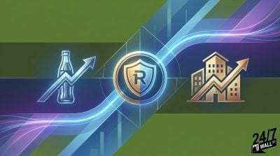 A digital graphic comparing a beverage bottle icon and a building icon, both with rising stock charts, separated by a central shield emblem.
