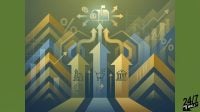 A stylized graphic showing industry, retail, and banking icons inside upward-pointing arrows that lead to a glowing mailbox with dollar coins.