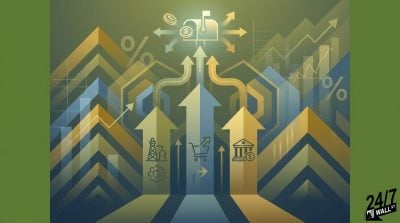A stylized graphic showing industry, retail, and banking icons inside upward-pointing arrows that lead to a glowing mailbox with dollar coins.