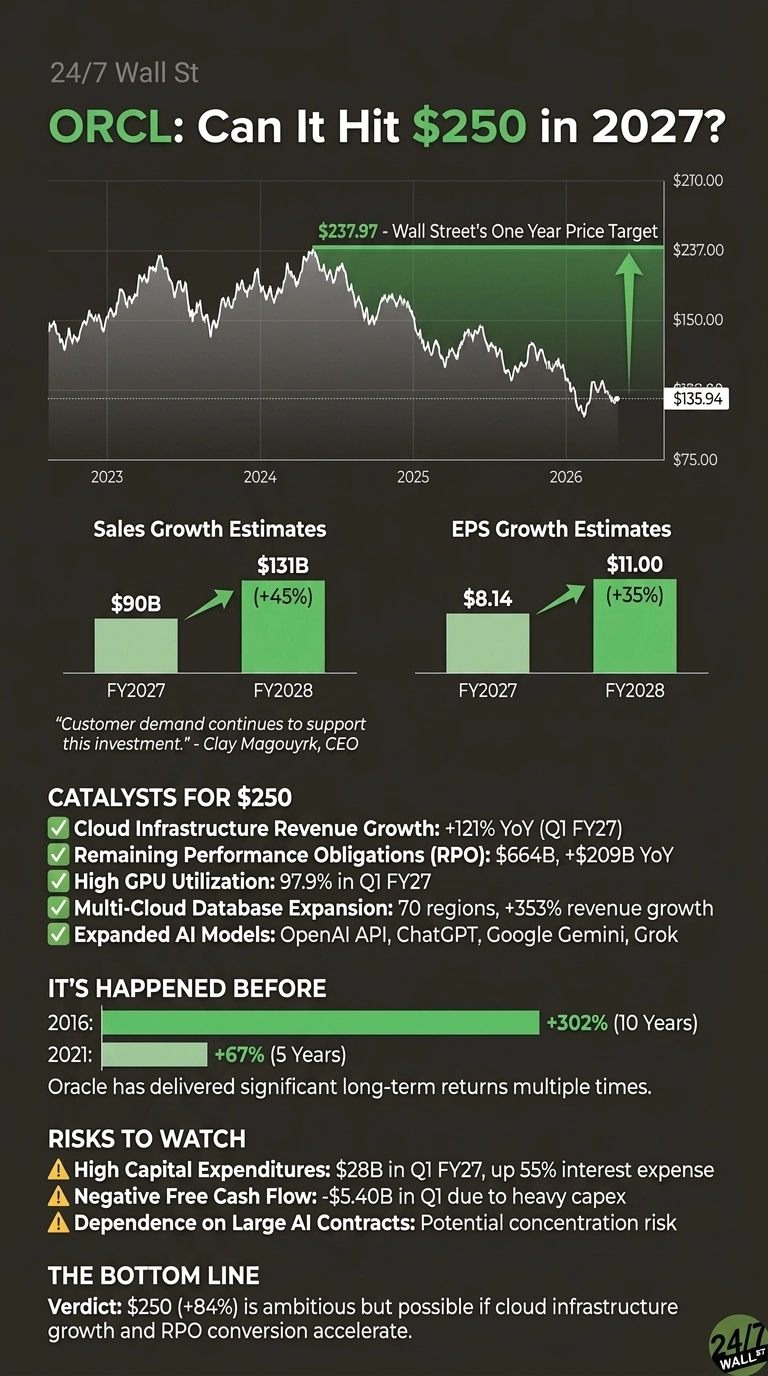 An infographic titled 'ORCL: Can It Hit $250 in 2027?' from 24/7 Wall St. It features a stock price chart from 2023 to late 2026, showing a current price of $135.94 and a Wall Street's One Year Price Target of $237.97, with a green arrow pointing towards $250 in 2027. Below are two bar charts: 'Sales Growth Estimates' showing $90B for FY2027 and $131B (+45%) for FY2028, and 'EPS Growth Estimates' showing $8.14 for FY2027 and $11.00 (+35%) for FY2028. Further down, there are bulleted lists for 'CATALYSTS FOR $250' (e.g., Cloud Infrastructure Revenue Growth, RPO, GPU Utilization, Multi-Cloud Database Expansion, Expanded AI Models), 'IT'S HAPPENED BEFORE' with historical returns (+302% over 10 Years ending 2026, +67% over 5 Years ending 2026), and 'RISKS TO WATCH' (e.g., High Capital Expenditures, Negative Free Cash Flow, Dependence on Large AI Contracts). The bottom line concludes that $250 is ambitious but possible.
