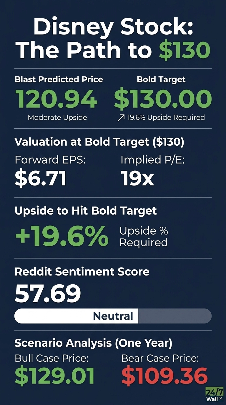 An infographic titled 'Disney Stock: The Path to $130' on a dark blue background. It displays financial data and predictions for Disney stock. Key data points include: Blast Predicted Price $120.94 (Moderate Upside), Bold Target $130.00 (19.6% Upside Required). Valuation at Bold Target ($130) shows Forward EPS $6.71 and Implied P/E 19x. Upside to Hit Bold Target is +19.6% Upside % Required. Reddit Sentiment Score is 57.69, categorized as Neutral with a progress bar. Scenario Analysis (One Year) presents a Bull Case Price of $129.01 and a Bear Case Price of $109.36. The '24/7 Wall St.' logo is in the bottom right corner.