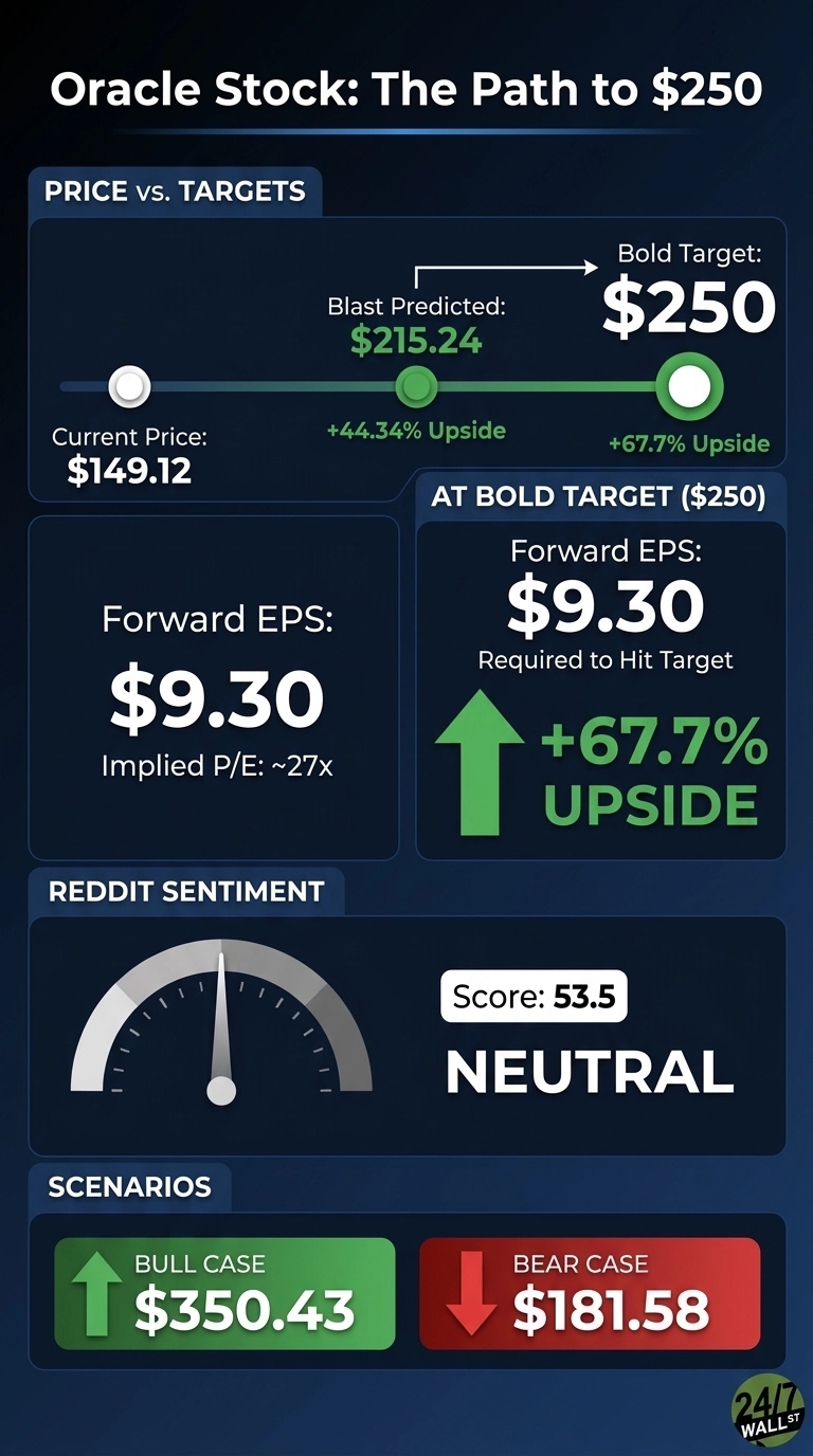 An infographic titled 'Oracle Stock: The Path to $250' on a dark blue background. The top section 'PRICE vs. TARGETS' shows a horizontal progress bar with Current Price $149.12, Blast Predicted $215.24 (+44.34% Upside), and Bold Target $250 (+67.7% Upside). Below, two panels: the left shows 'Forward EPS: $9.30' and 'Implied P/E: ~27x'; the right, 'AT BOLD TARGET ($250)', shows 'Forward EPS: $9.30 Required to Hit Target' and a large green up arrow indicating '+67.7% UPSIDE'. The 'REDDIT SENTIMENT' section displays a gauge with a needle pointing to 'NEUTRAL' and a 'Score: 53.5'. The bottom 'SCENARIOS' section presents a green button with an up arrow for 'BULL CASE $350.43' and a red button with a down arrow for 'BEAR CASE $181.58'.