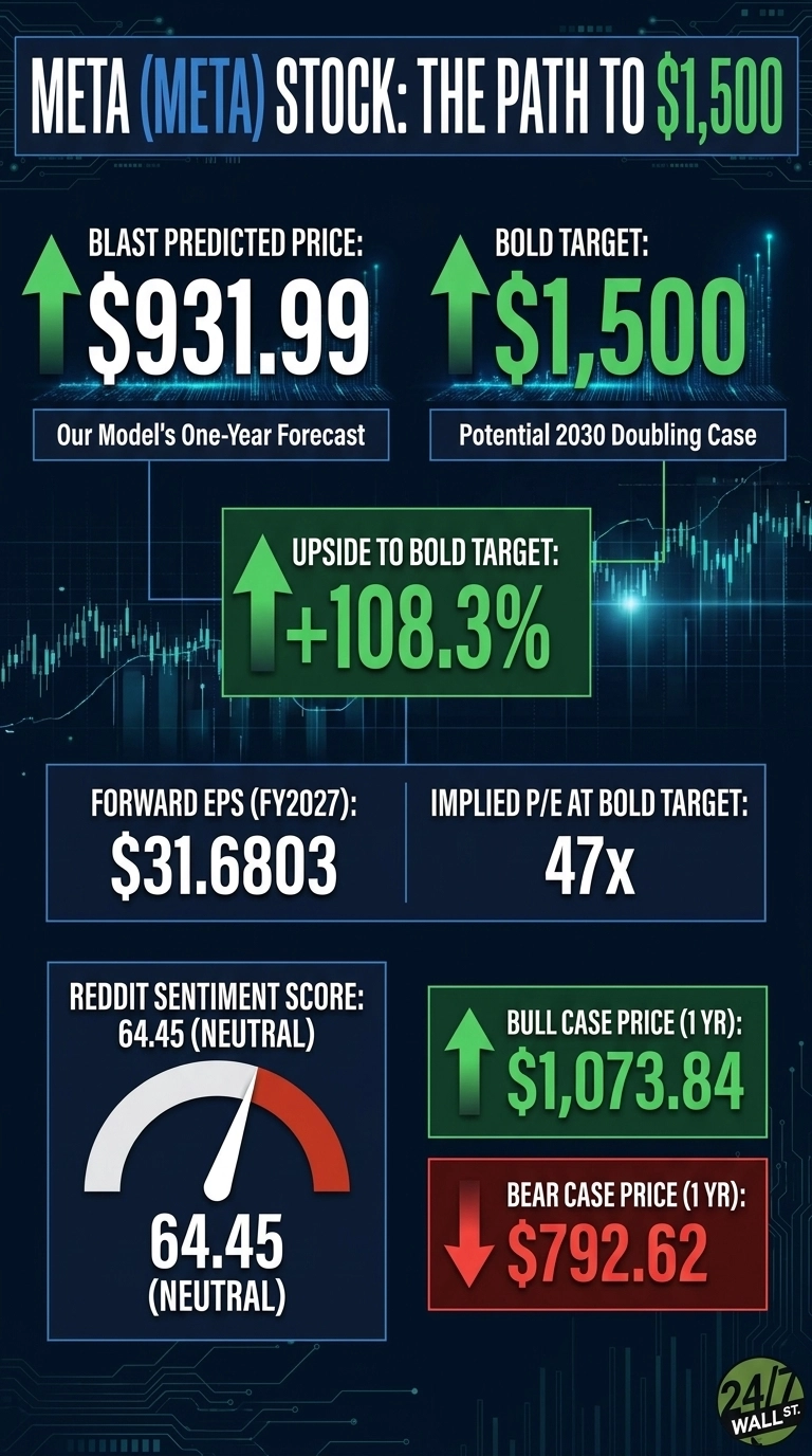 An infographic titled 'META (META) STOCK: THE PATH TO $1,500' on a dark blue background with digital circuit patterns. It features several data points: 'BLAST PREDICTED PRICE: $931.99' for a one-year forecast, 'BOLD TARGET: $1,500' as a potential 2030 doubling case, and 'UPSIDE TO BOLD TARGET: +108.3%'. Below, 'FORWARD EPS (FY2027): $31.6803' and 'IMPLIED P/E AT BOLD TARGET: 47x' are displayed. A gauge shows a 'REDDIT SENTIMENT SCORE: 64.45 (NEUTRAL)'. On the right, 'BULL CASE PRICE (1 YR): $1,073.84' is indicated with a green upward arrow and 'BEAR CASE PRICE (1 YR): $792.62' with a red downward arrow. Each numeric value is prominently displayed in a large font, often accompanied by upward green or downward red arrows.