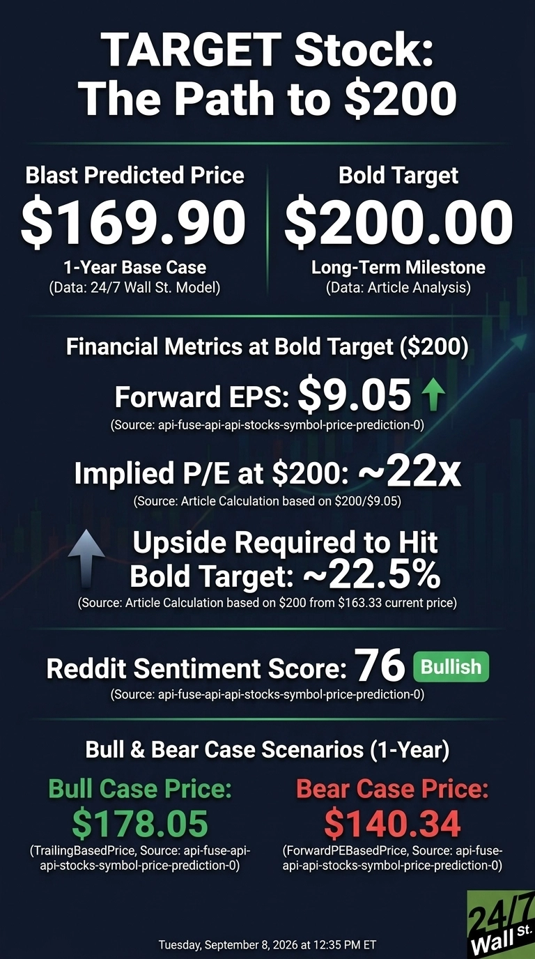 An infographic titled 'TARGET Stock: The Path to $200' on a dark blue background with an upward trending stock chart graphic. It displays key financial data points: 'Blast Predicted Price' of '$169.90' for a '1-Year Base Case' and a 'Bold Target' of '$200.00' as a 'Long-Term Milestone'. Under 'Financial Metrics at Bold Target ($200)', it lists 'Forward EPS: $9.05', 'Implied P/E at $200: ~22x', and 'Upside Required to Hit Bold Target: ~22.5%'. The 'Reddit Sentiment Score' is '76 Bullish'. It also shows 'Bull & Bear Case Scenarios (1-Year)' with 'Bull Case Price: $178.05' and 'Bear Case Price: $140.34'. Sources are provided for each data point. The footer states 'Tuesday, September 8, 2026 at 12:35 PM ET'.