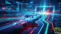 A vibrant, futuristic digital image shows a multi-rotor drone, glowing purple and blue, suspended over a dark circuit board that has fractured, emitting bright blue, red, and teal light trails. In the background, a blurred blue digital interface displays various graphs and several prominent upward-pointing arrows, symbolizing growth and data. The scene conveys a sense of technological advancement and dynamic data flow.