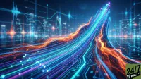 An abstract digital image features numerous glowing blue and purple light streaks rising diagonally, symbolizing data flow. Wavy orange light trails are interwoven throughout, adding energy. The background shows blurred city lights and faint blue circuit board designs on a dark blue backdrop, with some digital waveforms in the upper left. A '24/7 WALL ST' logo is visible in the bottom right corner.
