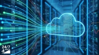 A vibrant digital rendering depicts data streams flowing into a glowing blue cloud icon, which contains a circuit board pattern. The background shows blurred server racks with blue and green lights, implying a data center environment. Bright blue, green, and orange lines crisscross, representing network connections or data transmission. In the bottom left, the white '24/7 Wall St' logo is visible.