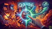 A digital illustration shows a right hand pressing a large, glowing button labeled 'RESET' at its center. Radiating from the button are bright green and blue light beams and circuit board lines. Around the button, a dynamic financial scene is depicted with orange downward arrows and green upward arrows representing market trends, silver coins, and dollar bills flying upwards. In the background, to the left, are two arcade game machines partially obscured by pixelated fiery explosions, and to the top right, a digital display reads 'Q2 '26'. The overall color scheme is vibrant with oranges, blues, and greens.