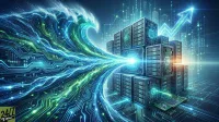 A vibrant digital illustration depicting data flowing like a wave across circuit board patterns into multiple stacks of futuristic server racks. A bright blue light emanates from the central data flow, with an upward-pointing arrow chart in the background against a backdrop of glowing digital cityscapes, all in electric blue and green tones.
