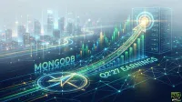 A vibrant digital graphic depicting a futuristic cityscape with glowing light trails. In the foreground, a compass, upward-trending green and yellow bar charts, and a large glowing arrow point towards a server rack. The words 'MONGODB' and 'Q2'27 EARNINGS' are displayed prominently.