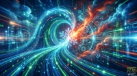 An abstract digital image showing a bright, glowing snowflake symbol at its center. To the left, a vibrant vortex of blue and green light trails and data streams flows towards the snowflake, set against a blurred background of city lights and digital networks. To the right, a darker, fiery side features intricate orange and red circuit board patterns, gears, and cloud-like bursts of smoke or energy, contrasting with the cool blue side. The overall impression is one of dynamic technological activity and data flow.