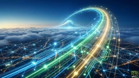 An aerial view of a futuristic digital landscape, featuring glowing blue, green, and gold lines representing data streams and networks arching across the scene. Below the arcs, a city lights up through a layer of clouds, with smaller blue nodes forming a grid. In the background, a large, glowing, stylized mountain similar to Mount Fuji rises above the clouds, radiating light from its peak against a deep blue sky. The overall impression is one of advanced technology and global connectivity.