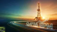 A digitally enhanced image showing an illuminated oil drilling rig at sunset. Pipelines with glowing energy trails curve into the foreground, alongside glowing text 'Q4'26 EPM' and an upward trending arrow graph. The sky transitions from deep blue to orange, with subtle hills in the background. The '24/7 WALL ST' logo is in the bottom left corner.