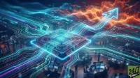 A high-angle, futuristic depiction of a digital circuit board with a central, brightly glowing blue processor. Luminous blue and purple circuit lines emanate from the chip, extending across the image. A large, radiant blue arrow points sharply upwards to the right, emerging from the circuitry, while dynamic orange and blue abstract wave patterns flow in the background. Below, a blurred scene reveals several dark silhouettes of people working at computer stations in what resembles a modern trading floor or data center.
