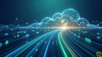 A futuristic digital artwork featuring bright blue and green light trails flowing towards glowing, interconnected cloud formations in the background. A prominent golden shield icon, symbolizing security, is positioned at the central convergence point. The foreground and sides display a network of glowing nodes and lines, representing data flow and connectivity against a dark blue background.