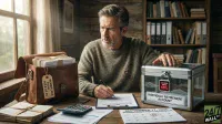 A serious, middle-aged man with graying hair and a beard sits at a rustic wooden desk, signing a document. To his left, a brown leather satchel holds papers with a tag reading 'WORKPLACE PLAN - RULE OF 55.' To his right, a transparent metallic box labeled 'INDIVIDUAL RETIREMENT ACCOUNT' is secured with a padlock displaying 'LOCKED UNTIL 59½.' A calendar marked September 17, 2026, with '55' circled, and a calculator are also on the desk. The room has a window and a bookshelf in the background.