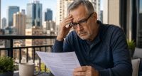 An older man with glasses reading a document with a worried expression, hand on forehead
