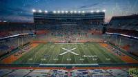 An aerial, wide shot of a college football stadium at dusk, with empty orange and blue seats. The green turf displays 'XRP' at midfield and 'ripple' near the 30-yard line, along with 'GATORA' and 'FLORIDA' in blue lettering on orange end zones. Financial candlestick charts and network connectivity lines are subtly overlaid across the image, which is illuminated by stadium lights.