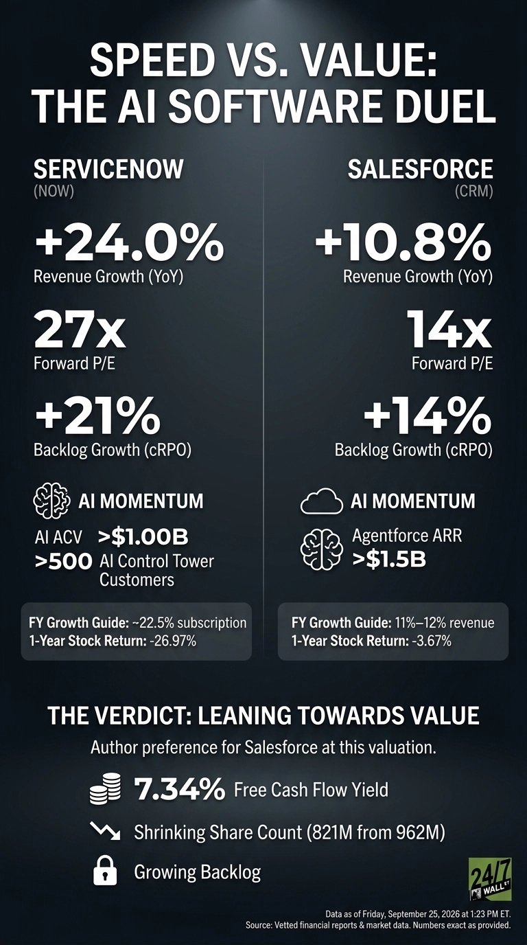 An infographic titled 'SPEED VS. VALUE: THE AI SOFTWARE DUEL' comparing ServiceNow and Salesforce. On the left, for ServiceNow (NOW): 24.0% Revenue Growth (YoY), 27x Forward P/E, 21% Backlog Growth (cRPO). AI Momentum shows AI ACV >$1.00B and >500 AI Control Tower Customers. FY Growth Guide is ~22.5% subscription, and 1-Year Stock Return is -26.97%. On the right, for Salesforce (CRM): 10.8% Revenue Growth (YoY), 14x Forward P/E, 14% Backlog Growth (cRPO). AI Momentum shows Agentforce ARR >$1.5B. FY Growth Guide is 11%–12% revenue, and 1-Year Stock Return is -3.67%. The bottom section, 'THE VERDICT: LEANING TOWARDS VALUE', states 'Author preference for Salesforce at this valuation.' followed by '7.34% Free Cash Flow Yield', 'Shrinking Share Count (821M from 962M)', and 'Growing Backlog'. The footer indicates 'Data as of Friday, September 25, 2026 at 1:23 PM ET. Source: Vetted financial reports & market data. Numbers exact as provided.' The 24/7 Wall St logo is present.