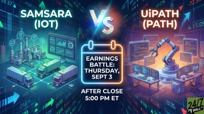 A graphic comparing Samsara (IOT) and UiPath (PATH) in an 'Earnings Battle'. On the left, representing Samsara, are illustrations of an industrial facility, connected trucks, and a data dashboard, set against a blue-green background with upward stock arrows. On the right, representing UiPath, is a large robotic arm surrounded by multiple screens displaying code and two computer workstations, set against a purple-orange background with downward stock arrows. A central calendar icon highlights 'EARNINGS BATTLE: THURSDAY, SEPT 3 AFTER CLOSE 5:00 PM ET'.