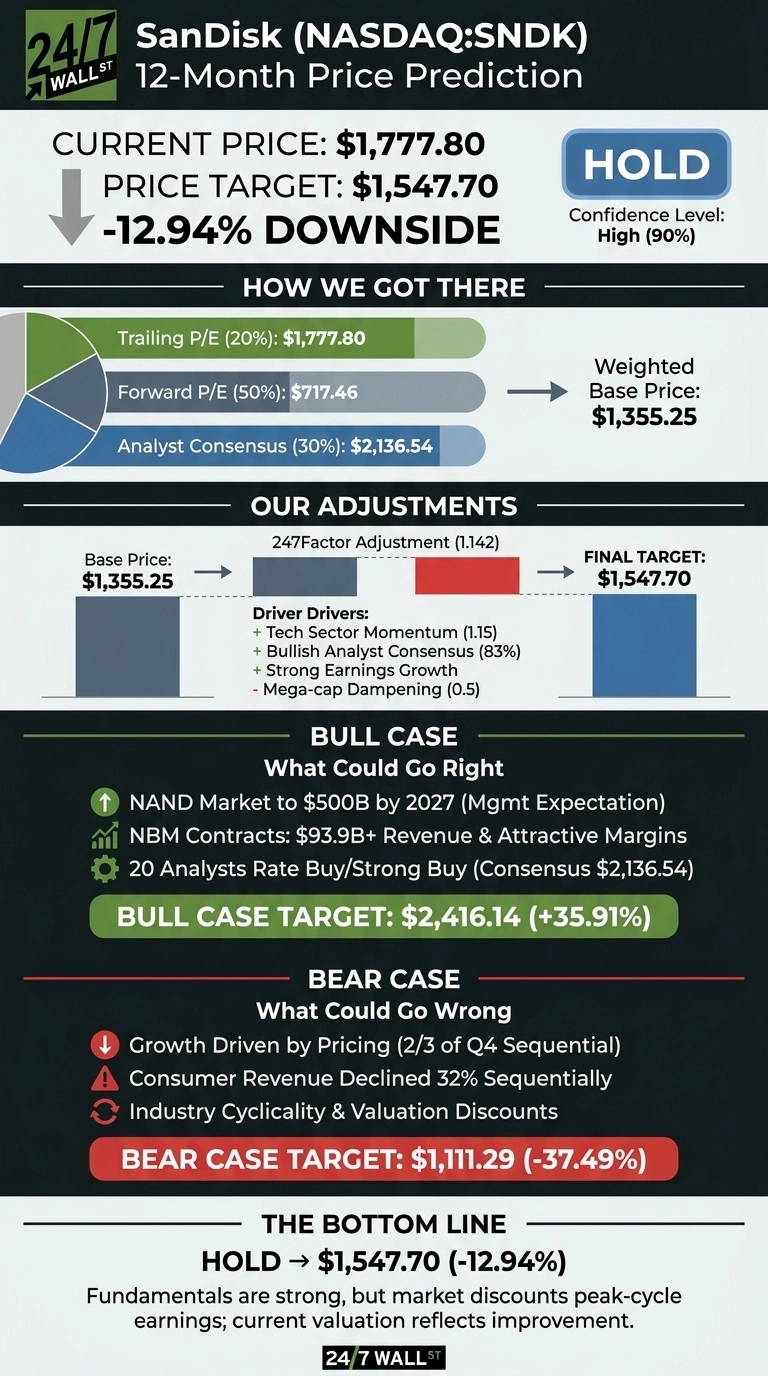 An infographic titled 'SanDisk (NASDAQ:SNDK) 12-Month Price Prediction' with a dark gray background and white text. The current price is $1,777.80, and the price target is $1,547.70, indicating a -12.94% downside. A large 'HOLD' button is shown with a confidence level of High (90%). The 'How We Got There' section shows a pie chart contributing to a Weighted Base Price of $1,355.25. The pie chart segments are Trailing P/E (20%): $1,777.80, Forward P/E (50%): $717.46, and Analyst Consensus (30%): $2,136.54. The 'Our Adjustments' section starts with Base Price $1,355.25, then shows a 247Factor Adjustment (1.142) leading to a Final Target of $1,547.70. Driver Drivers listed are + Tech Sector Momentum (1.15), + Bullish Analyst Consensus (83%), + Strong Earnings Growth, and - Mega-cap Dampening (0.5). The 'Bull Case' section, labeled 'What Could Go Right', includes NAND Market to $500B by 2027 (Mgmt Expectation), NBM Contracts: $93.9B+ Revenue & Attractive Margins, and 20 Analysts Rate Buy/Strong Buy (Consensus $2,136.54), with a Bull Case Target of $2,416.14 (+35.91%). The 'Bear Case' section, labeled 'What Could Go Wrong', includes Growth Driven by Pricing (2/3 of Q4 Sequential), Consumer Revenue Declined 32% Sequentially, and Industry Cyclicality & Valuation Discounts, with a Bear Case Target of $1,111.29 (-37.49%). The 'The Bottom Line' section concludes with 'HOLD -> $1,547.70 (-12.94%)' and the text: 'Fundamentals are strong, but market discounts peak-cycle earnings; current valuation reflects improvement.'